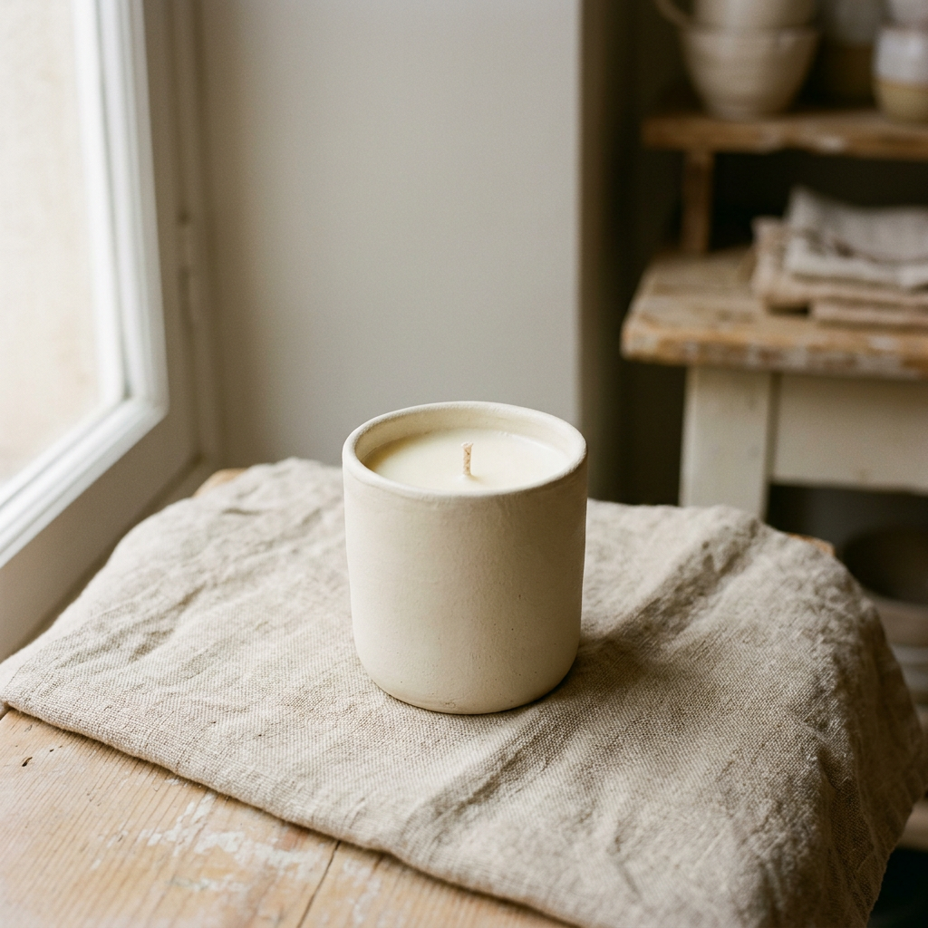 Generated sample product picture: a candle in a cream ceramic jar on linen